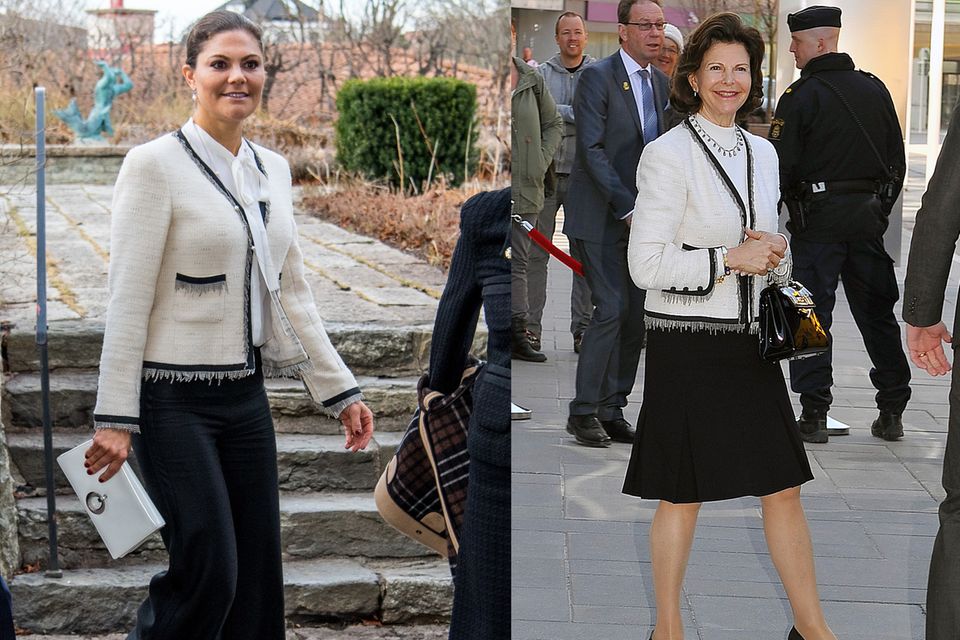 Wie die Mutter, so die Tochter: Gleiches Teil, unterschiedliche Kombinationen. Obwohl sich Prinzessin Victoria die Jacke ihrer Mutter ausborgte, kombiniert sie diese völlig anders und erschafft einen neuen Look. Gleiches Teil, unterschiedliche Kombinationen. Obwohl sich Prinzessin Victoria die Jacke ihrer Mutter ausborgte, kombiniert sie diese völlig anders und erschafft einen neuen Look.