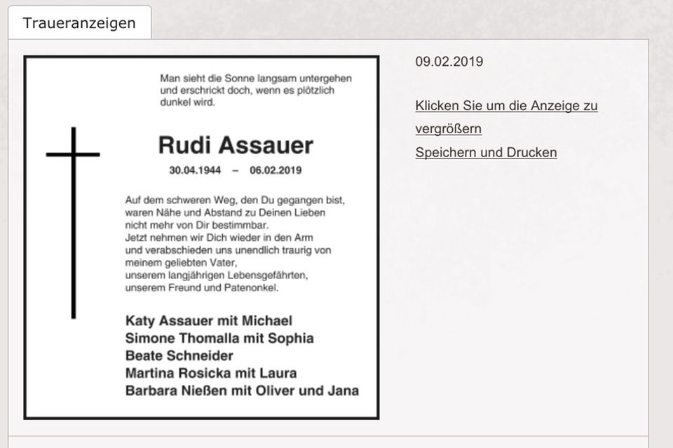 Rudi Assauer, Todesanzeige