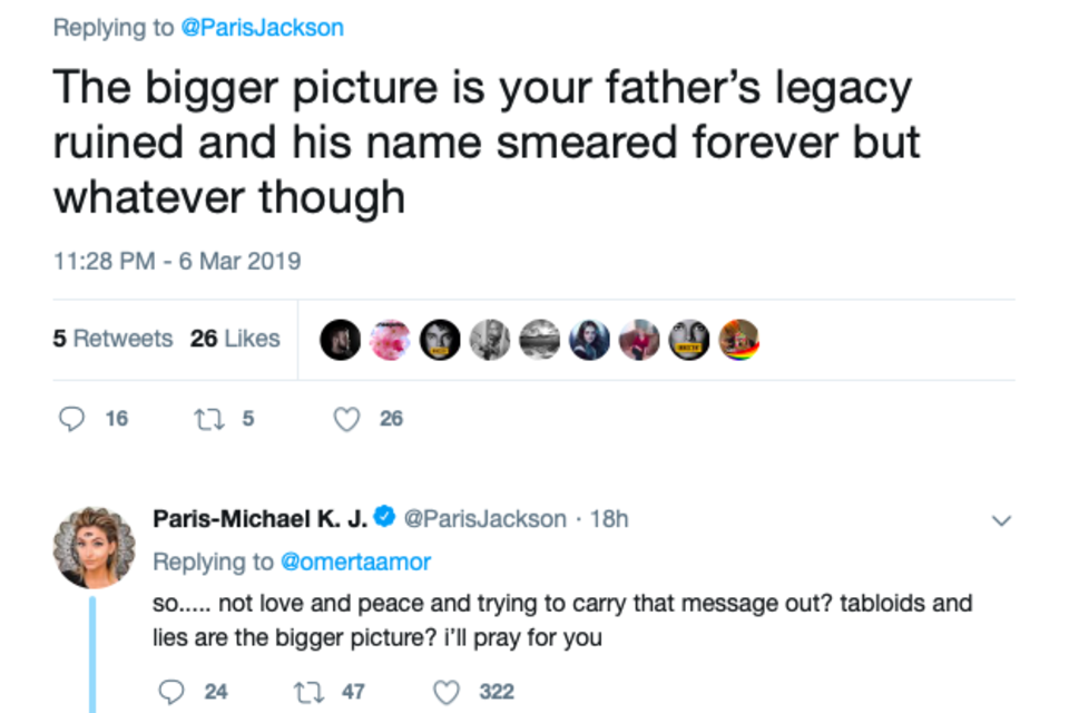 Paris Jackson verteidigte ihren Vater auf Twitter gegen Kritiker, die Michael Jackson nach Ausstrahlung der Dokumentation "Leaving Neverland" des Kindesmissbrauchs beschuldigten