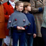 2018  Zur traditionellen Hubertusjagd im Jaegersborg-Hirschpark mit anschließender Verleihung des Kronprinzessin-Mary-Ehrenpreises trägt Josephine einen niedlichen grauen Poncho mit bunten Bommeln.