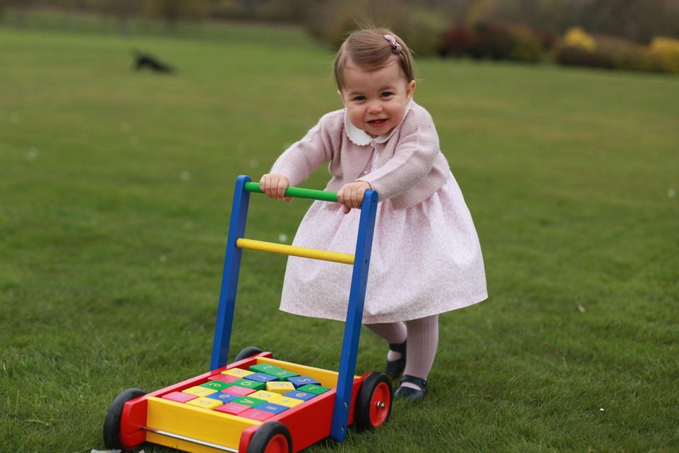 Prinzessin Charlotte + Prinz George: Die einjährige Prinzessin Charlotte übt im Garten mit einem Lauflernwagen. Die einjährige Prinzessin Charlotte übt im Garten mit einem Lauflernwagen.