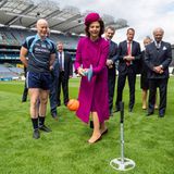 Mit Schwung, Eure Majestät! Königin Silvia probiert es am ersten Tag ihres Staatsbesuchs in Irland gleich mal mit Hurling, einer der rasantesten Mannschaftssportarten der Welt.