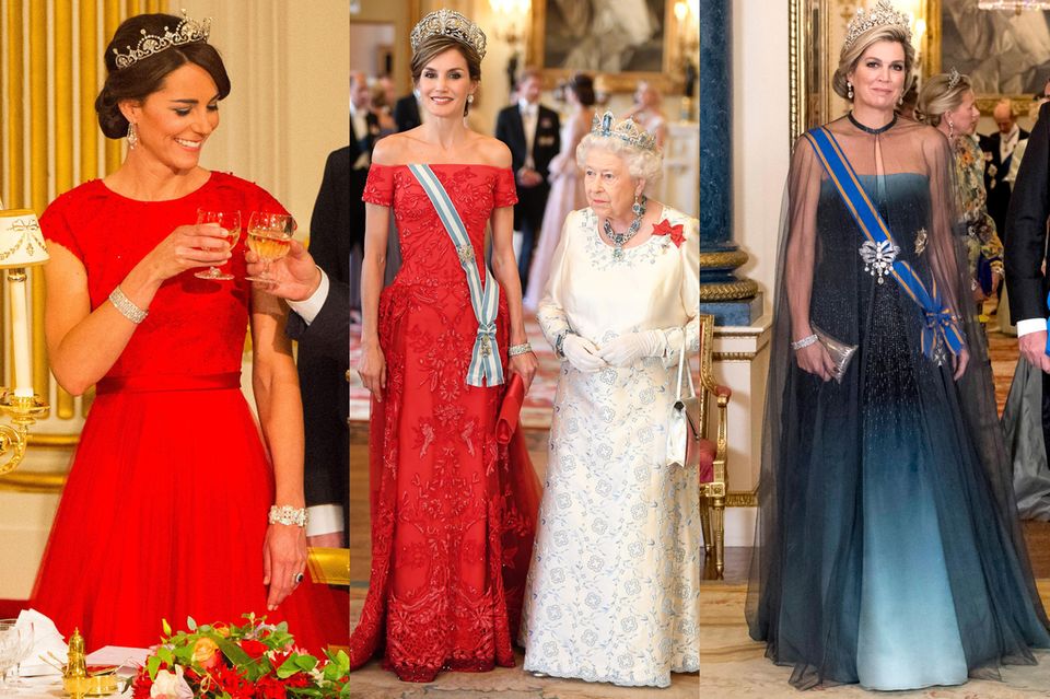 Herzogin Catherine setzt bei ihrem allerersten Staatsbankett auf Rot, sowie auch Königin Letizia in 2017. Königin Máxima wählt hingegen einen hübschen Farbverlauf.