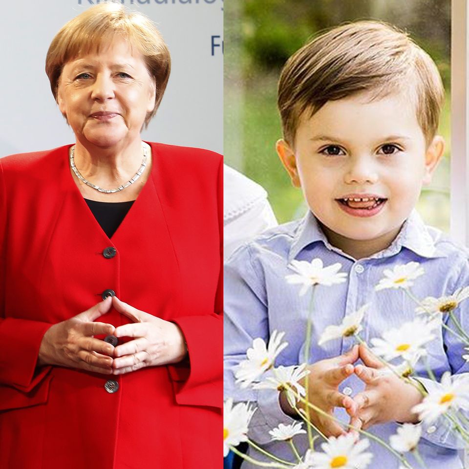 ... Angela Merkel! Die Bundeskanzlerin hat ihre immer gleiche Handhaltung mittlerweile zu ihrem Markenzeichen gemacht. Prinz Oscar scheint ihr dieses nun aber jetzt ein kleines bisschen strittig machen zu wollen.