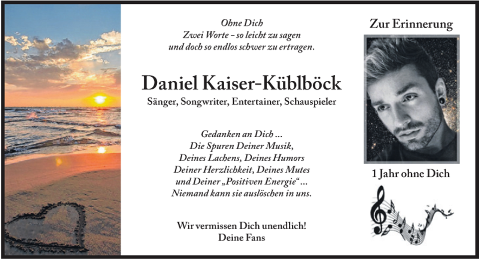 Diese Anzeige haben Fans von Daniel Küblböck am 9.9.19 in der Süddeutschen Zeitung veröffentlicht.