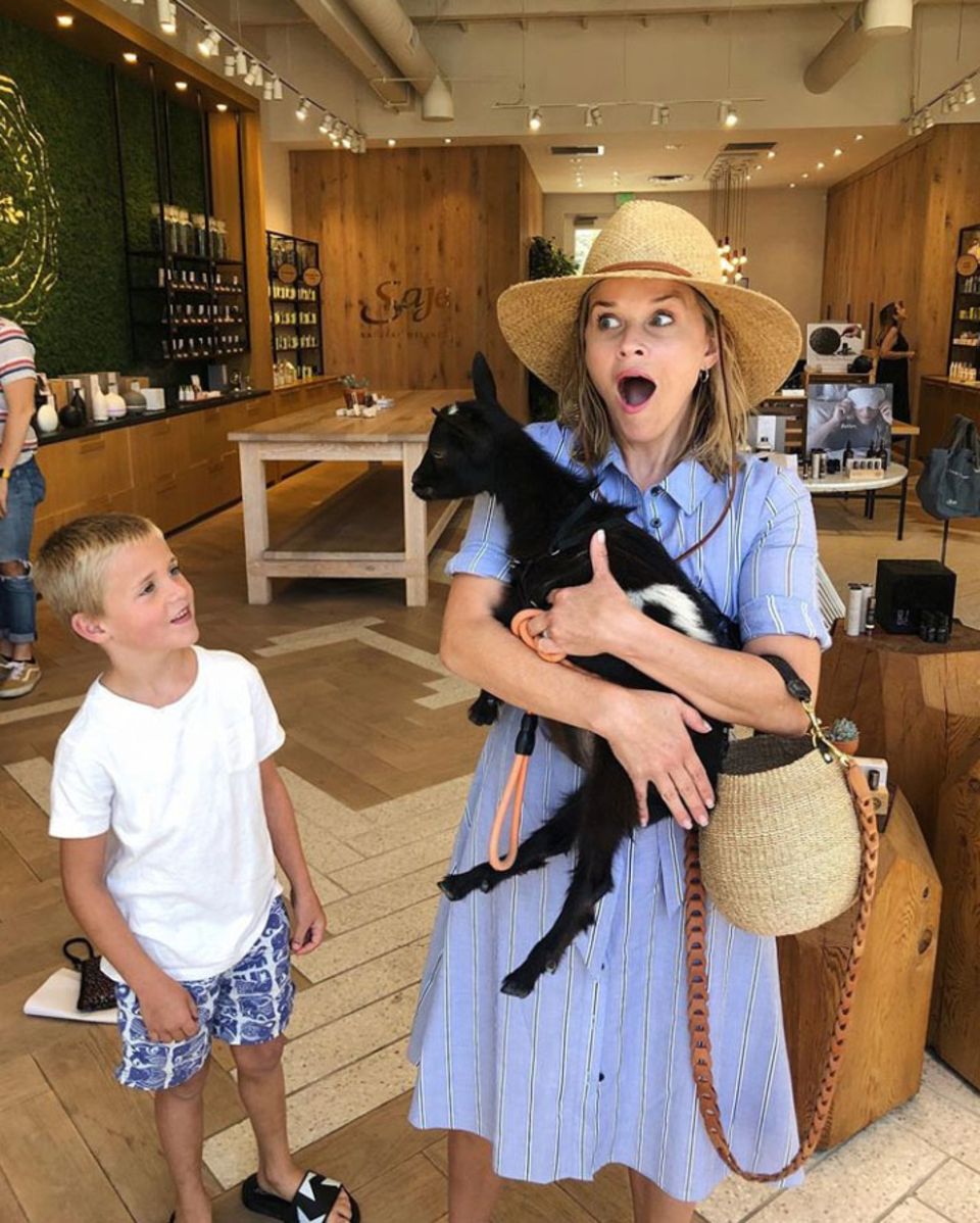Nanu, wie ist denn diese kleine Ziege in die Arme von Reese Witherspoon gekommen? Egal, Mama und Sohn finden auf jeden Fall Gefallen an dem tierischen Freund. Nanu, wie ist denn diese kleine Ziege in die Arme von Reese Witherspoon gekommen? Egal, Mama und Sohn finden auf jeden Fall Gefallen an dem tierischen Freund.