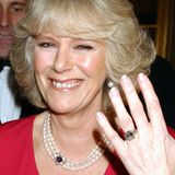 Herzogin Camilla zeigt ihr schönstes Lächeln, als sie der Weltpresse im Februar 2005 überglücklich ihren Verlobungsring präsentiert – angesteckt hat ihr dieser Prinz Charles. Der Ring soll einer der absoluten Lieblingsschmuckstücke von Queen Mum, der Großmutter von Prinz Charles, gewesen sein und soll einen Wert von rund 720.000 Euro haben.