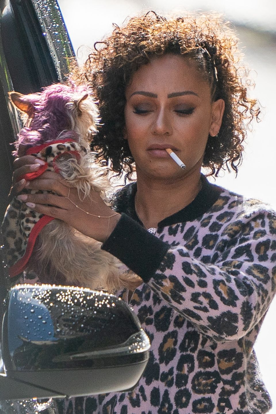 Mit Fluppe im Mund und Hund auf dem Arm sieht man Mel B in London. 