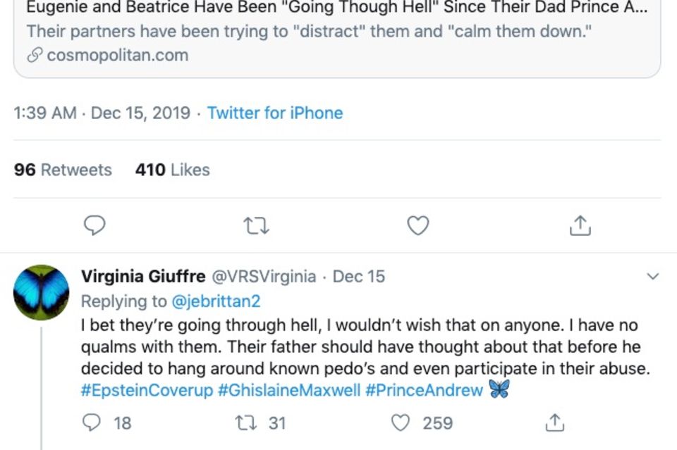 Virginia Roberts twittert über Prinzessin Beatrice und Prinzessin Eugenie.
