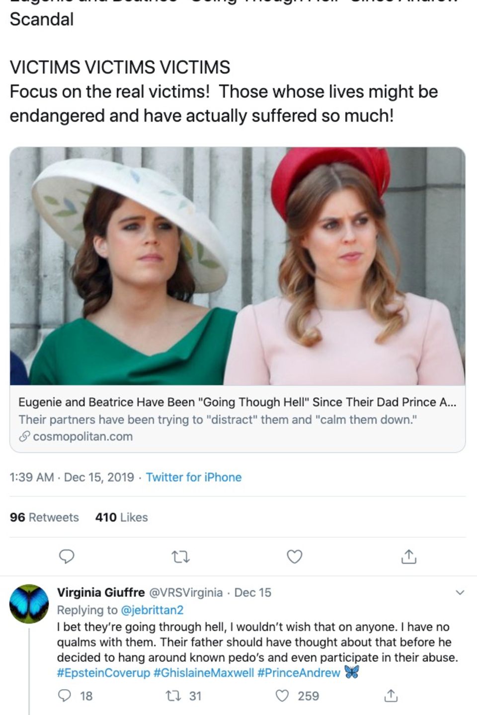 Virginia Roberts twittert über Prinzessin Beatrice und Prinzessin Eugenie. Virginia Roberts twittert über Prinzessin Beatrice und Prinzessin Eugenie.