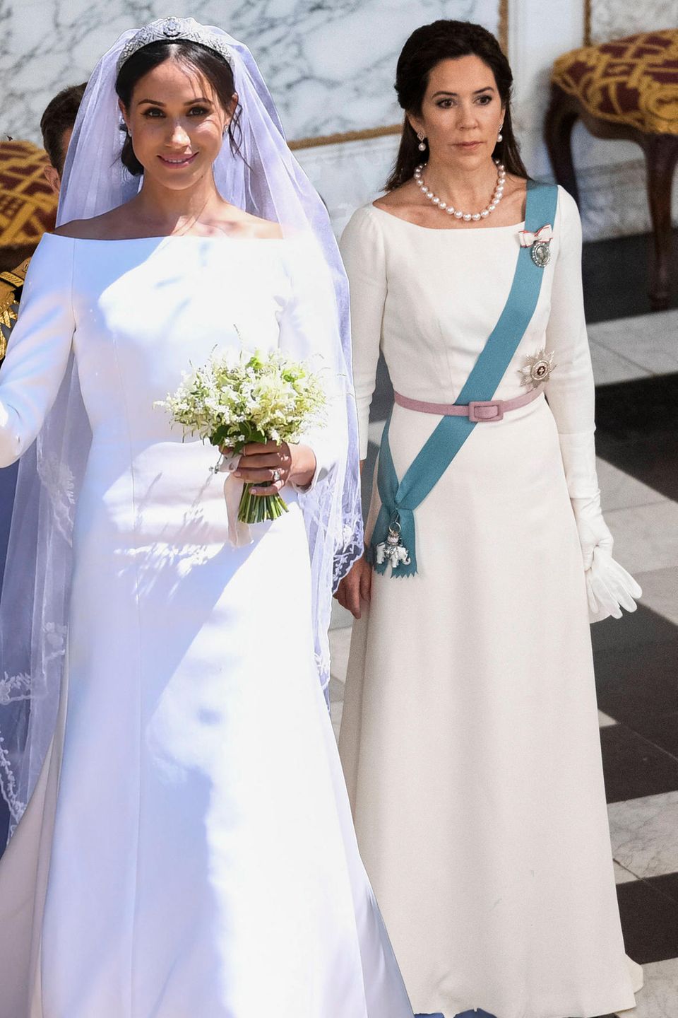 Prinzessin Mary trägt ein Kleid, das Herzogin Meghans Hochzeitsdress von Givenchy zum Verwechseln ähnlich sieht. 