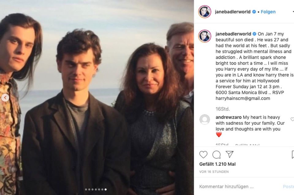 Schauspielerin Jane Badler, Ehemann Stephen Hains und Sohn Sam trauern um Harry (links). 