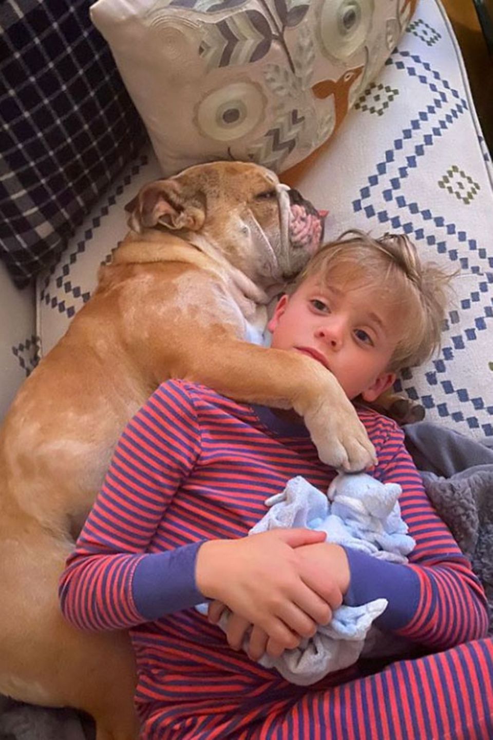 "Zum Glück gibt es Hunde", schreibt Reese Witherspoon zu diesem Kuschel-Foto, das ihren Sohn eng umschlungen mit Hundedame Lou zeigt. Mit so viel Liebe ist die häusliche Quarantäne für Tennessee doch gleich ein wenig erträglicher.