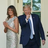 Melania Trump zeigt sich an der Seite von Ehemann Donald im Rosengarten des Weißen Haus in Washington. Sie trägt ein enges, knielanges Kleid mit Blumenmuster. 