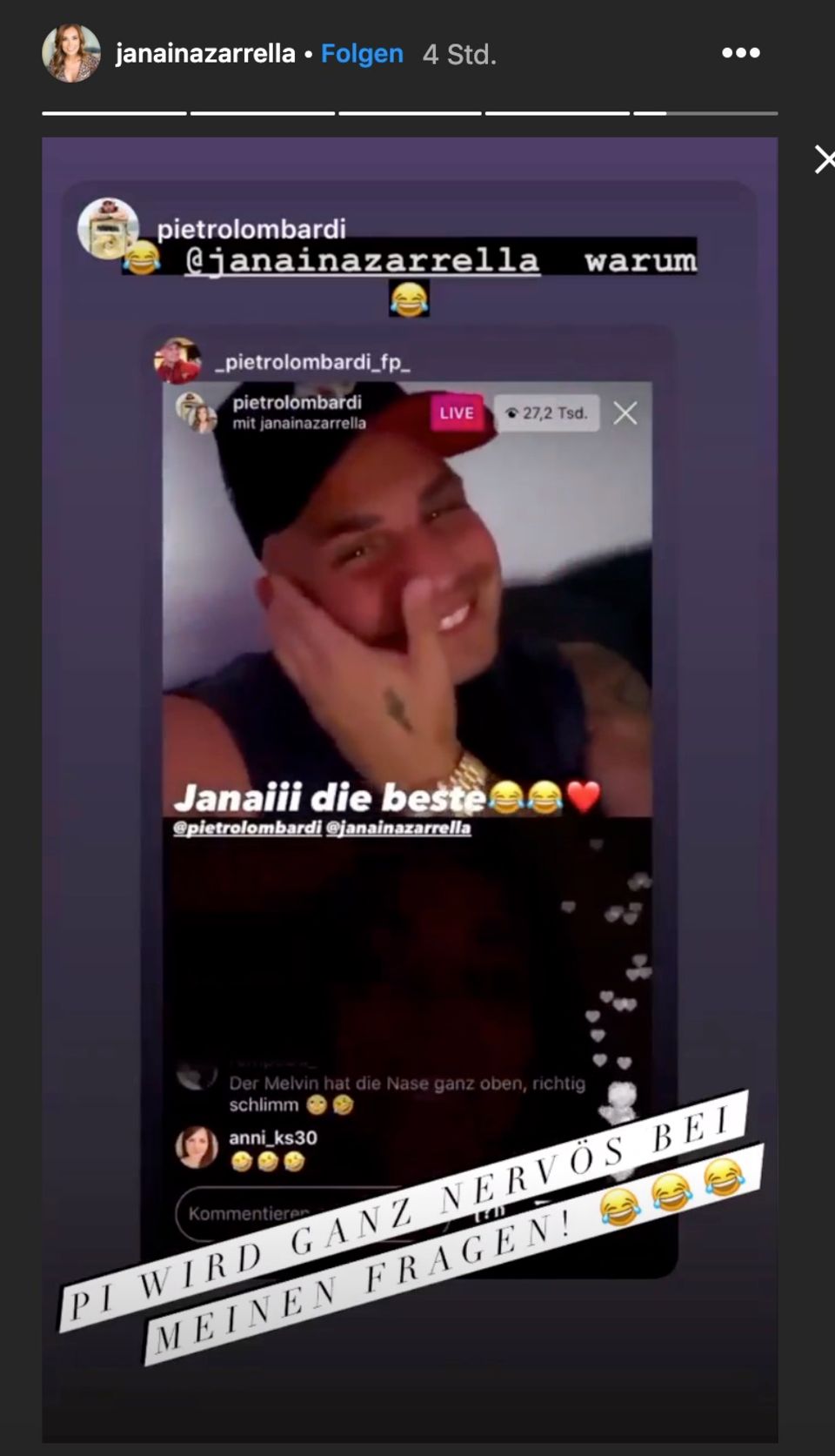 Jana Ina Zarrella fragt Pietro Lombardi in einem Instagram-Live-Video über seine Freundin aus.