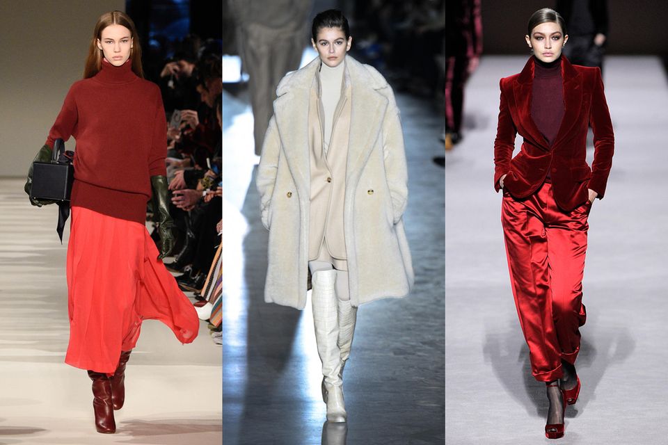 Kate, Meghan + Máxima: Monochrome Looks auf den Laufstegen internationaler Designer; Lex Herl bei Victoria Beckham, Kaia Gerber bei Max Mara und Gigi Hadid bei Tom Ford ( v.l.n.r.). Monochrome Looks auf den Laufstegen internationaler Designer; Lex Herl bei Victoria Beckham, Kaia Gerber bei Max Mara und Gigi Hadid bei Tom Ford ( v.l.n.r.).
