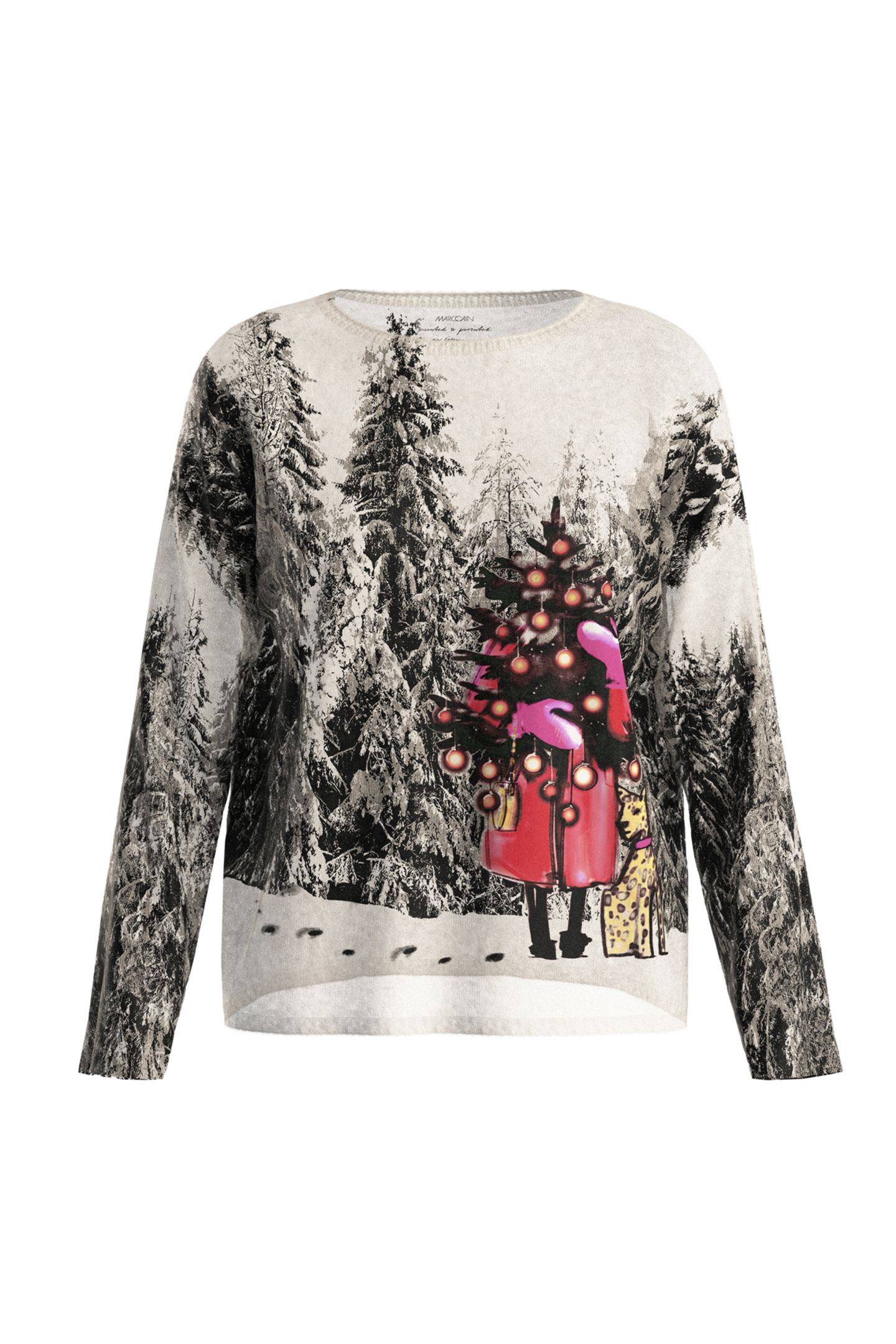 Für alle, die Weihnachtspullover und das Besondere lieben! Dieses Modell ist eine elegante Variante eines Christmas Sweaters. Der Pullover mit Tannen-Motiv ist 100 Prozent Made in Germany und wird aus einem Alpakamix gestrickt. Von Marc Cain, ca. 299 Euro. 