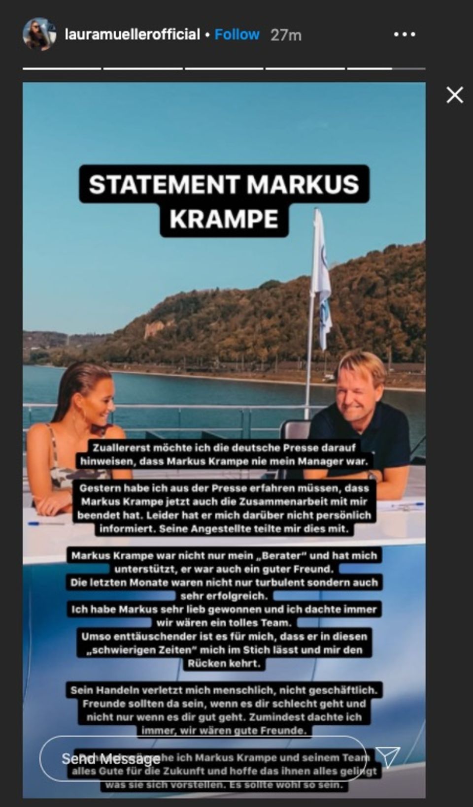 Laura Müller: Auf Instagram teilt Laura Müller ein Statement zu Markus Krampe. Auf Instagram teilt Laura Müller ein Statement zu Markus Krampe.
