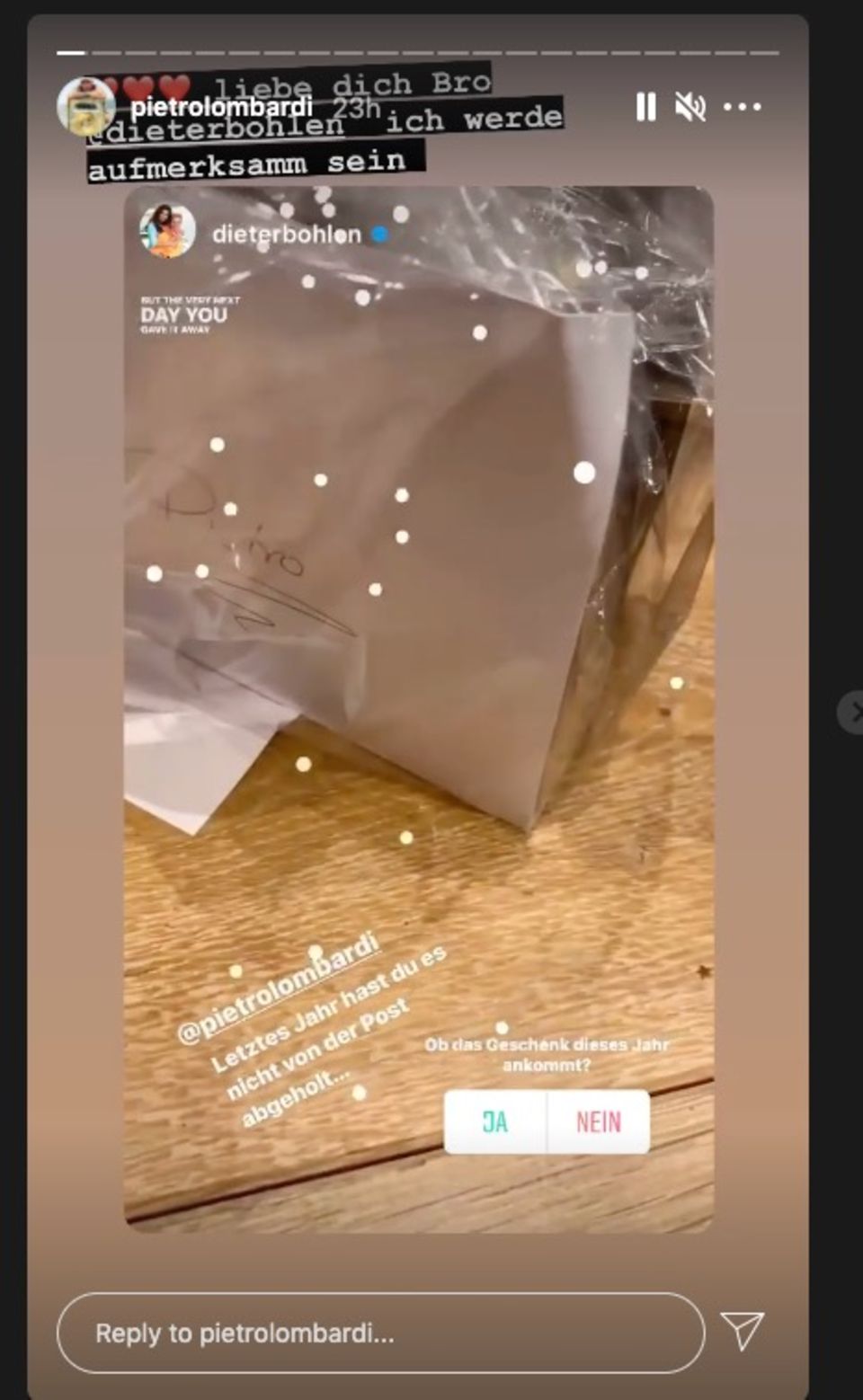 Heidi Klum: Pietro Lombardi repostet Dieter Bohlens Instagram-Story und gelobt Besserung. Pietro Lombardi repostet Dieter Bohlens Instagram-Story und gelobt Besserung.