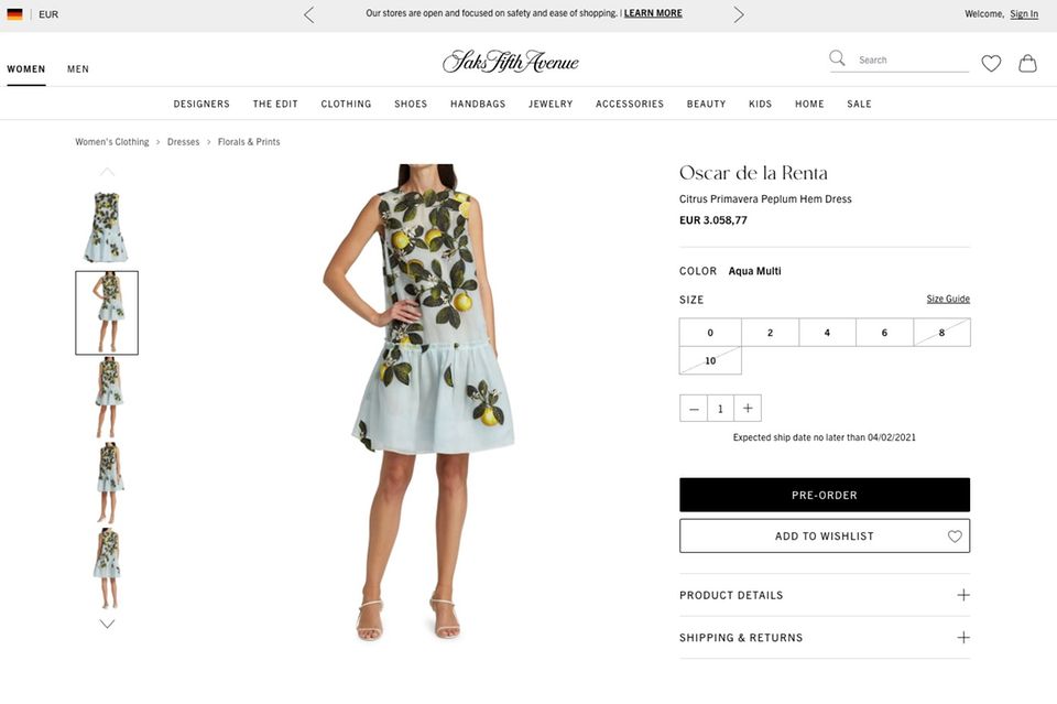 Das elegante Kleid mit Schößchen und Zitronen-Applikationen ist online nur vorbestellbar. 