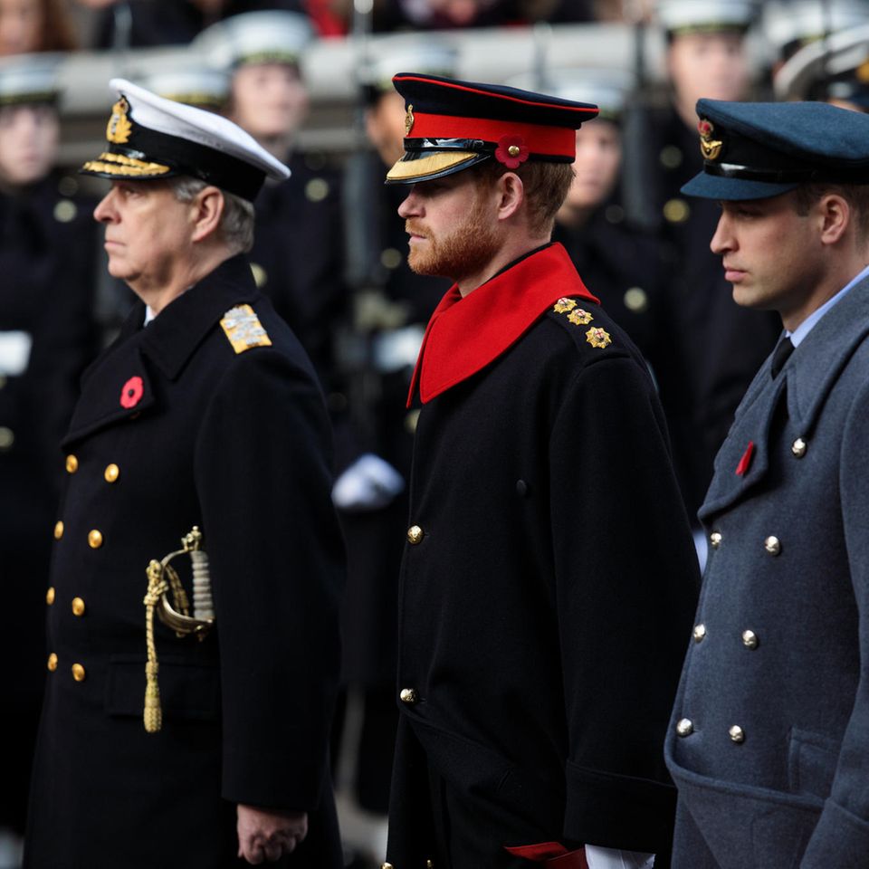 Prinz Andrew, Prinz Harry und Prinz William allesamt uniformiert am Remembrance Sunday in London im November 2017