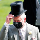 Prinz Charles zieht den schwarzen Zylinder vor den vielen gutgekleideten Gästen des Events. Dazu trägt er einen grauen Anzug mit rosa Anstecktuch. 