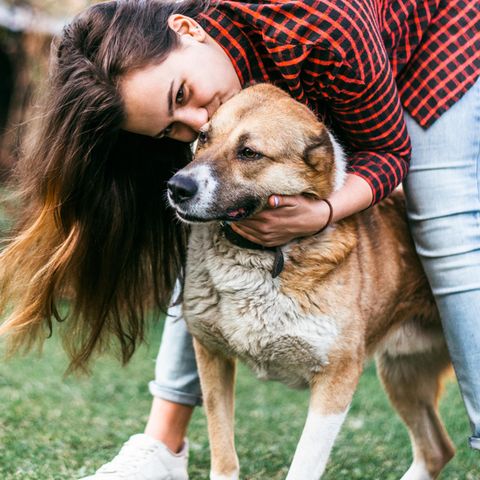 Persönlichkeitstest: Frau kuschelt mit Hund