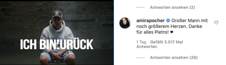 Pietro Lombardi: Amira Pocher hinterlässt Worte des Dankes unter Pietro Lombardis Comeback-Video. Amira Pocher hinterlässt Worte des Dankes unter Pietro Lombardis Comeback-Video.