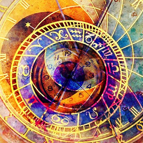 Horoskop:Astrologische Symbole mit einer Uhr