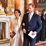 Herzogin Meghans erste Schwangerschaft wird weltweit mit Spannung verfolgt, und bei ihren Auftritten leuchtet sie mit Prinz Harry an ihrer Seite besonders schön, wie hier im März 2019 beim Empfang zum 50. Jahrestag der Investitur des Prinzen von Wales im Buckingham Palast in London.