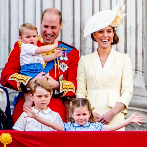 Prinz William, Herzogin Catherine, Prinz Louis, Prinz George und Prinzessin Charlotte bei der offiziellen Geburtstagsparade für die Queen - Trooping the Colour 2019 in London, Grossbritannien, 8. Juni 2019.