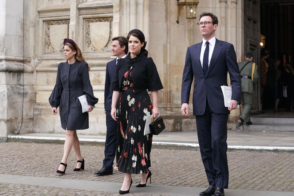 Princess Eugenie, Jack Brooksbank, Princess Beatrice and Eduardo Mapelli Mozzi at the memorial service for Prince Philip