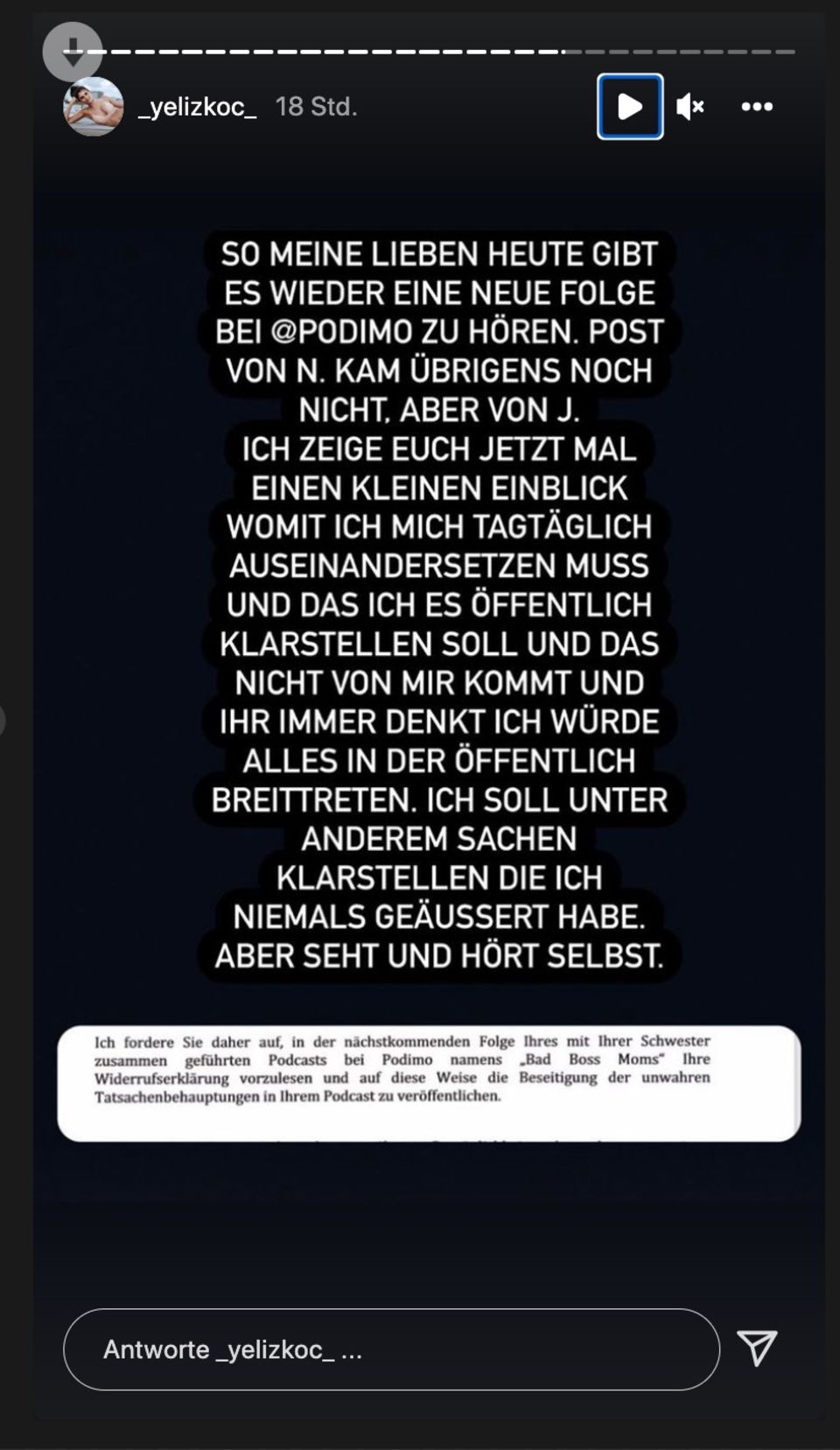 Yeliz Koc teilt die Aufforderung von Jimi Blue Ochsenknechts Anwältin in ihrer Instagram-Story