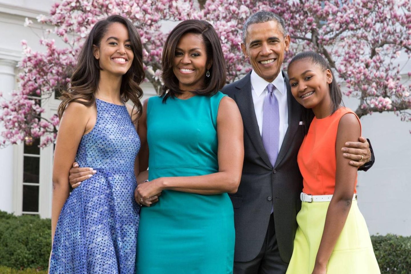Malia, Michelle, Barack und Sasha Obama mit ihren Hunden Sunny und Bo