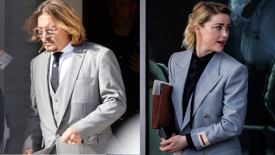 Nur ein Tag nach Johhny Depp erscheint auch Amber Heard in einem grauen Anzug.