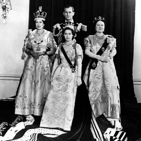 Queen Elizabeth, Prinzessin Margaret, Prinz Philip und Queen Mum nach der Krönung am 2. Juni 1953