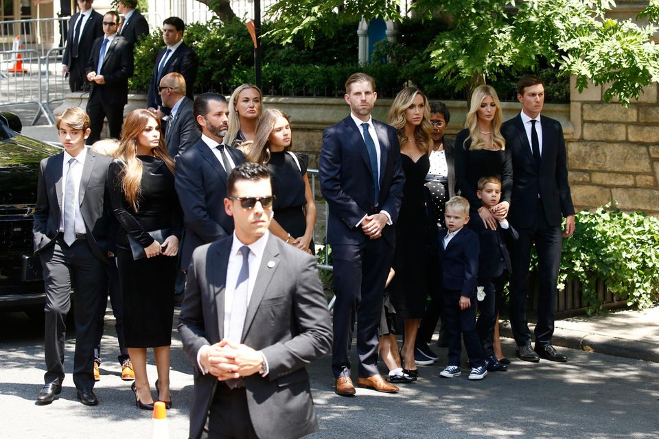 From left: Kimberly Guilfoyle, Donald Trump Jr., Vanessa Trump, Eric Trump, Lara Trump, Ivanka Trump and Jared Kushner attend Ivana Trump's funeral with their children at St. Vincent Ferrer Church on July 20, 2022 in New York.