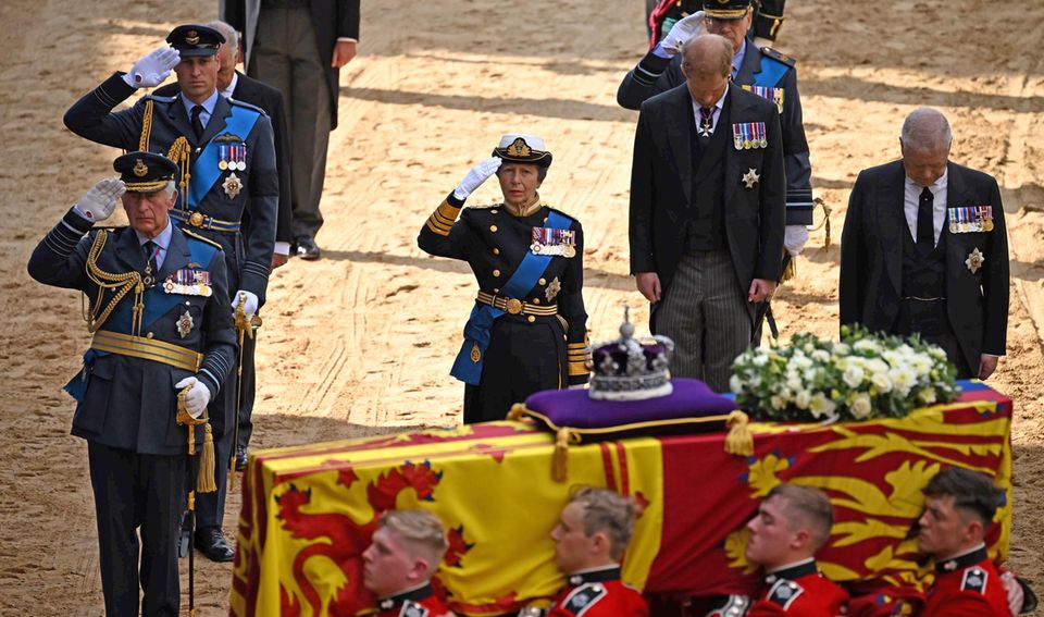 Prinz Andrew und Prinz Harry verbeugen sich und starren auf den Boden, als sie vom königlichen Salut für Queen Elizabeth (†96) ausgeschlossen werden.