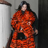 Warm verpackt und extrem stylisch startet Kendall Jenner ins neue Jahr! Für ein Abendessen an Silvester wählt das Model einen extravaganten Pelz-Trenchcoat mit orangenem Tiger-Print. Den Rest ihres Outfits hält sie in schwarz und kombiniert eine Strumpfhose, Pumps und eine schlichte Handtasche dazu – Kendalls auffälliger Mantel in Übergröße ist schließlich Farb-Statement genug.