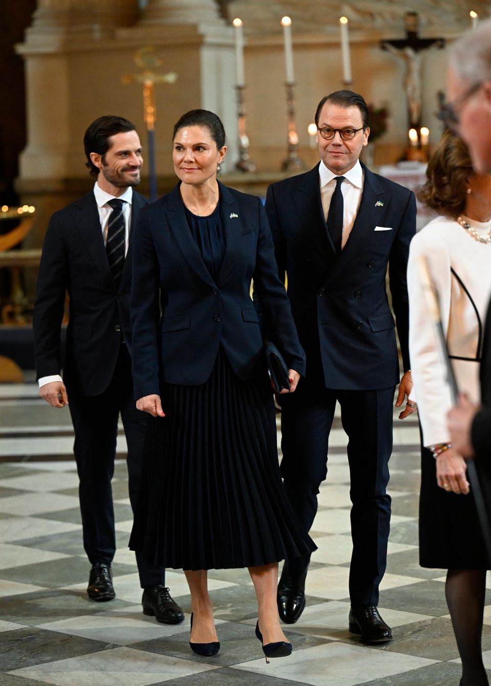 Kronprinzessin Victoria, Prinz Daniel und Prinz Carl Philip beim Friedensgebet in Stockholm.