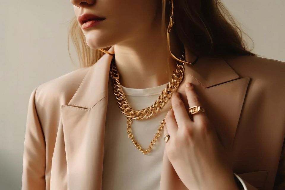 Gliederketten-Trend: Frau mit Blazer und chunky Chains