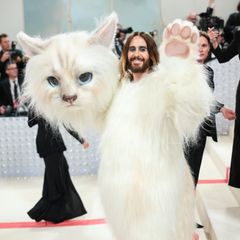 Jared Leto sorgt für den Überraschungsmoment des Abends, als er im übergroßen Katzen-Kostüm den Red Carpet betritt. Mit seinem haarigen Look zollt er Choupette, der berühmten Burma-Katze von Karl Lagerfeld, Tribut.