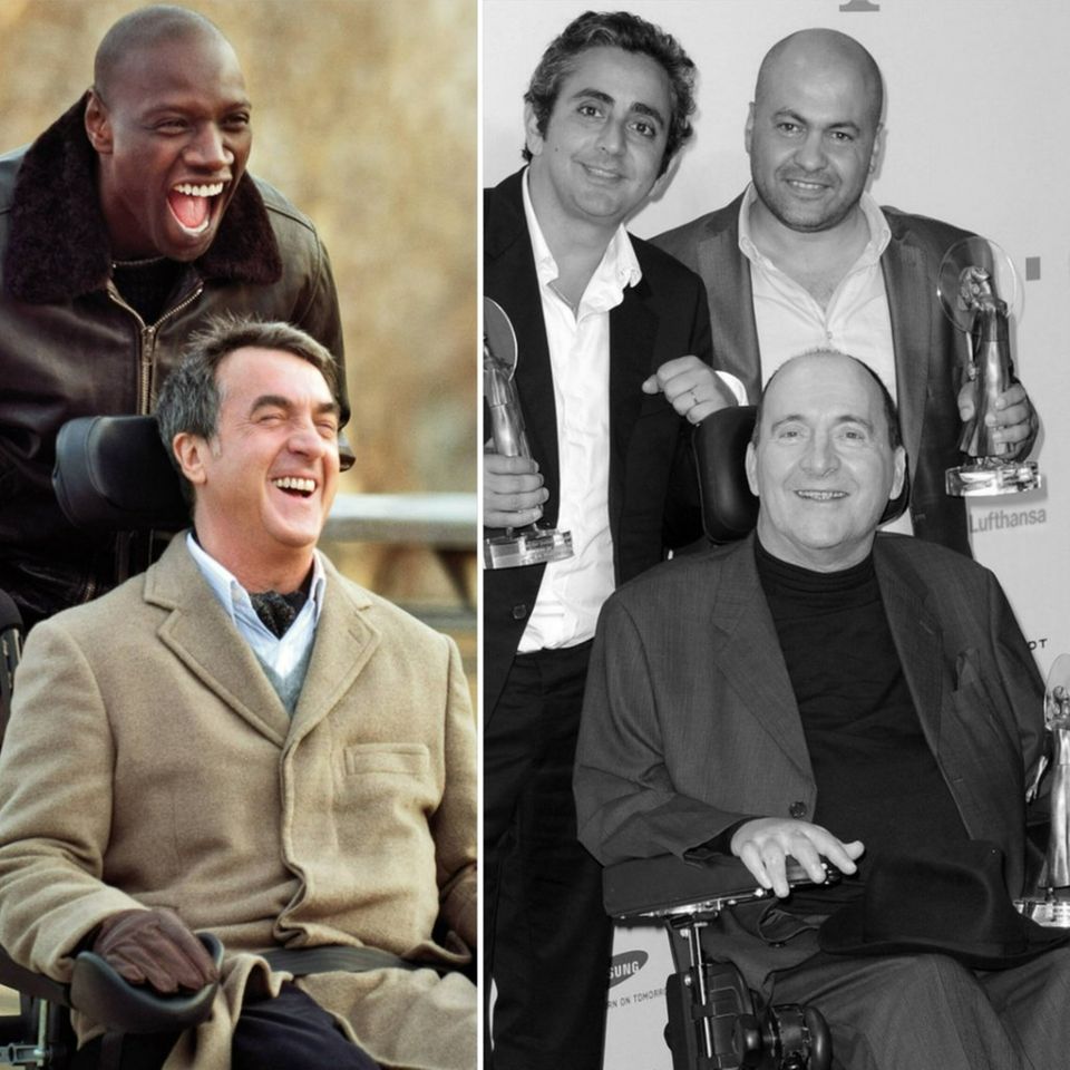 Das Foto rechts zeigt Philippe Pozzo di Borgo im Rollstuhl mit seinem Pfleger Abdel Sellou (r.) und Regisseur Éric Toledano be