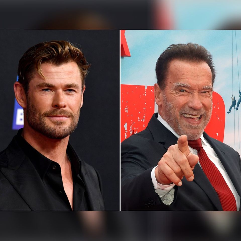 Chris Hemsworth (l.) traf Vorbild Arnold Schwarzenegger.