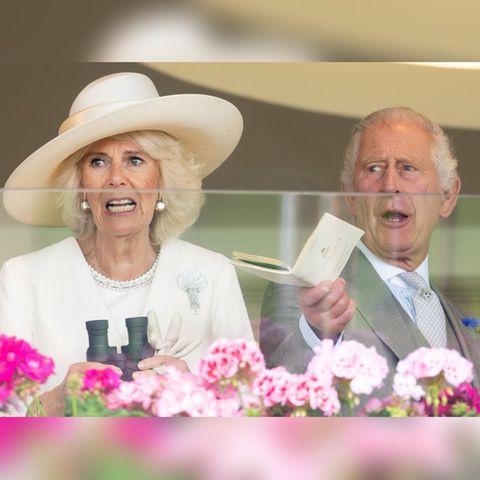 Königin Camilla und König Charles III. mit gespannten Gesichtern auf der Tribüne beim traditionellen Pferderennen Royal Ascot.