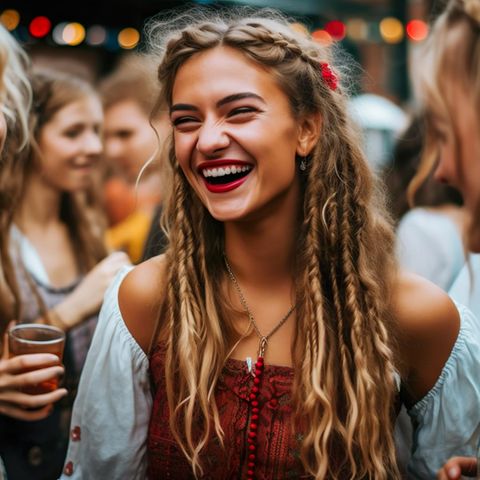Bluse: Die trendigsten Wiesn-Accessoires 2023, strahlende junge Frauen