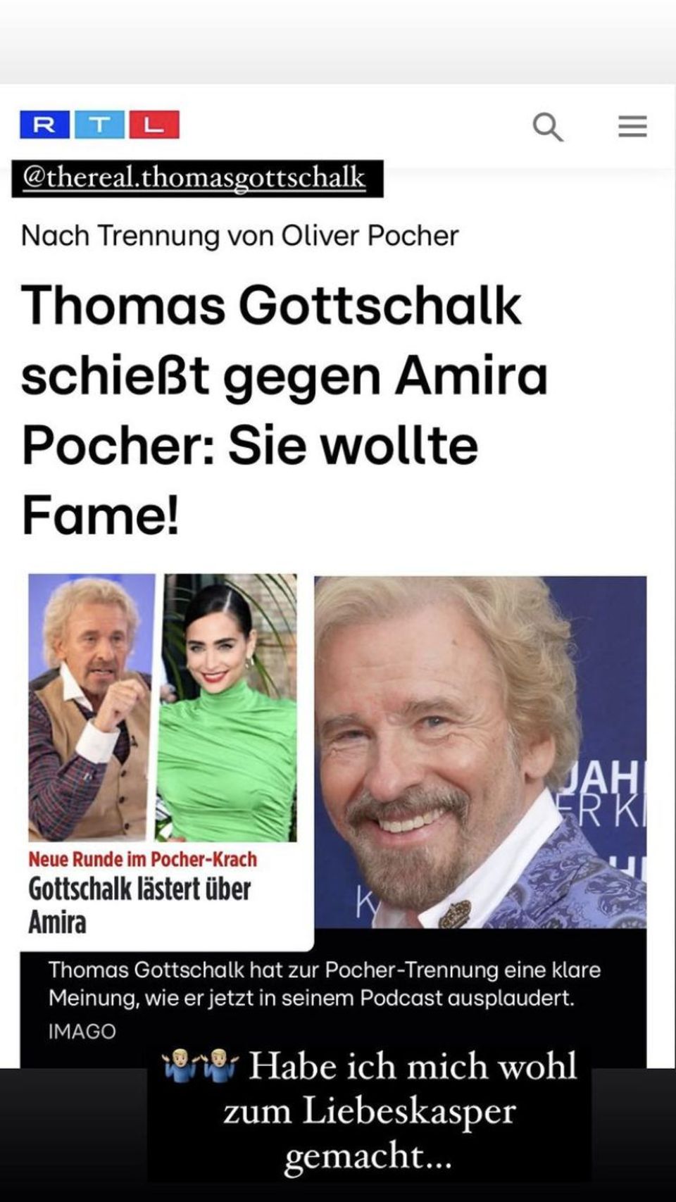 Oliver Pocher kommentierte einen RTL-Artikel, in dem darüber berichtet wird, wie sich Thomas Gottschalk bezüglich der Trennung von dem Komiker und Amira Pocher äußerte. 