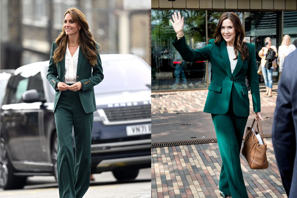 Grüner Anzug, weiße Bluse: In diesen beiden Looks sehen sich Kate und Mary tatsächlich zum Verwechseln ähnlich. 