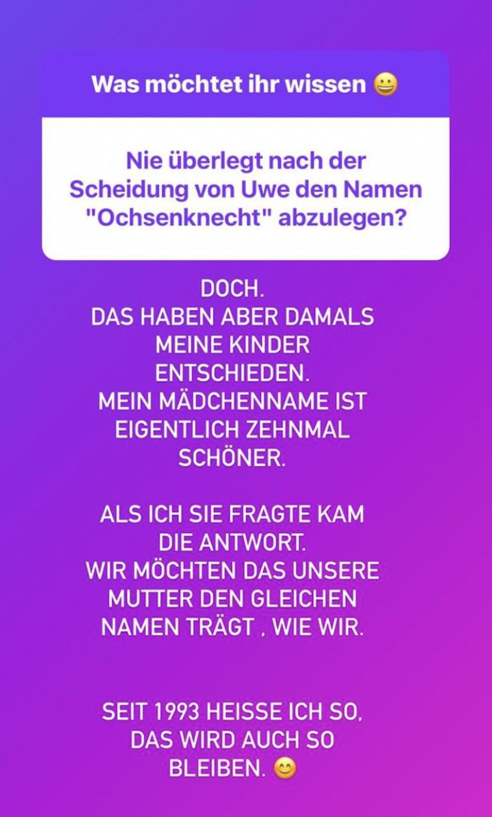 Natascha Ochsenknecht hat auf Instagram Fragen ihrer Fans beantwortet. 