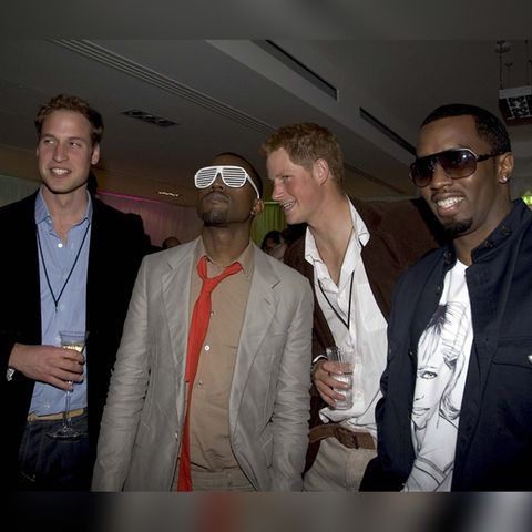 Vertraut: Prinz William (v.l.), Kanye West, Prinz Harry und Sean Combs auf der Party nach dem Gedenkkonzert für Lady Diana 200